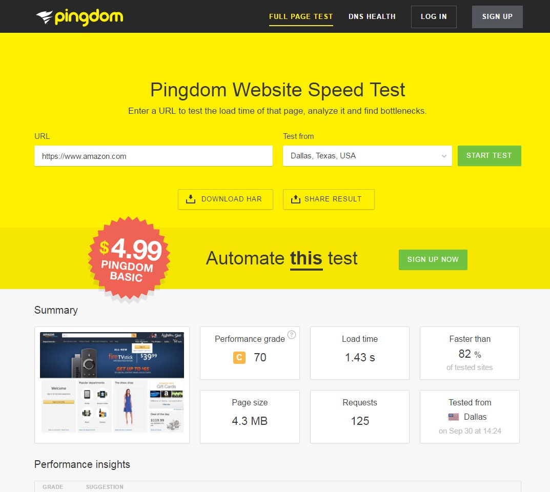 Pingdom page speed test example